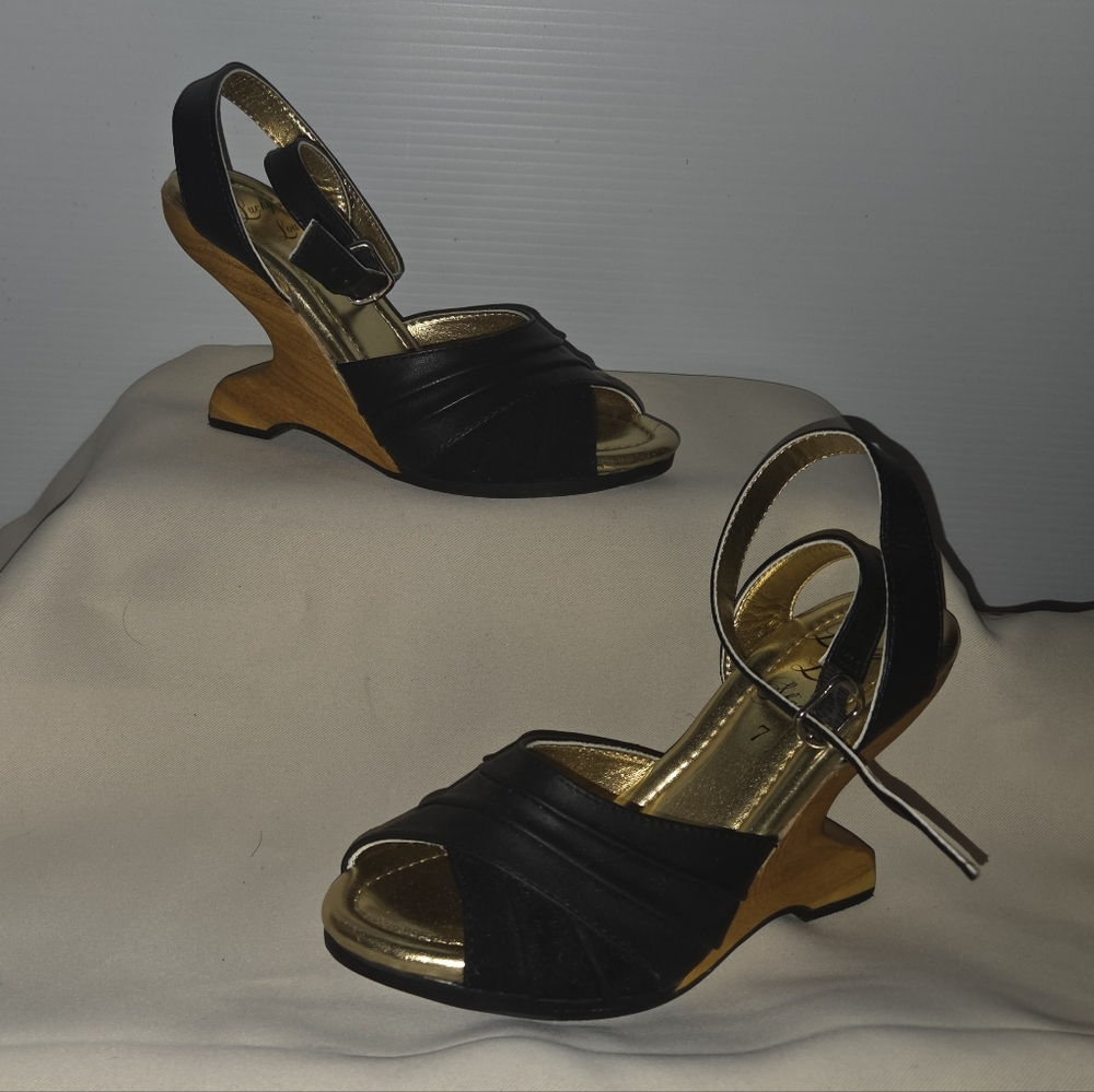Lucky Lou Boom Boom Wedges Black Suede And Leather Size 7